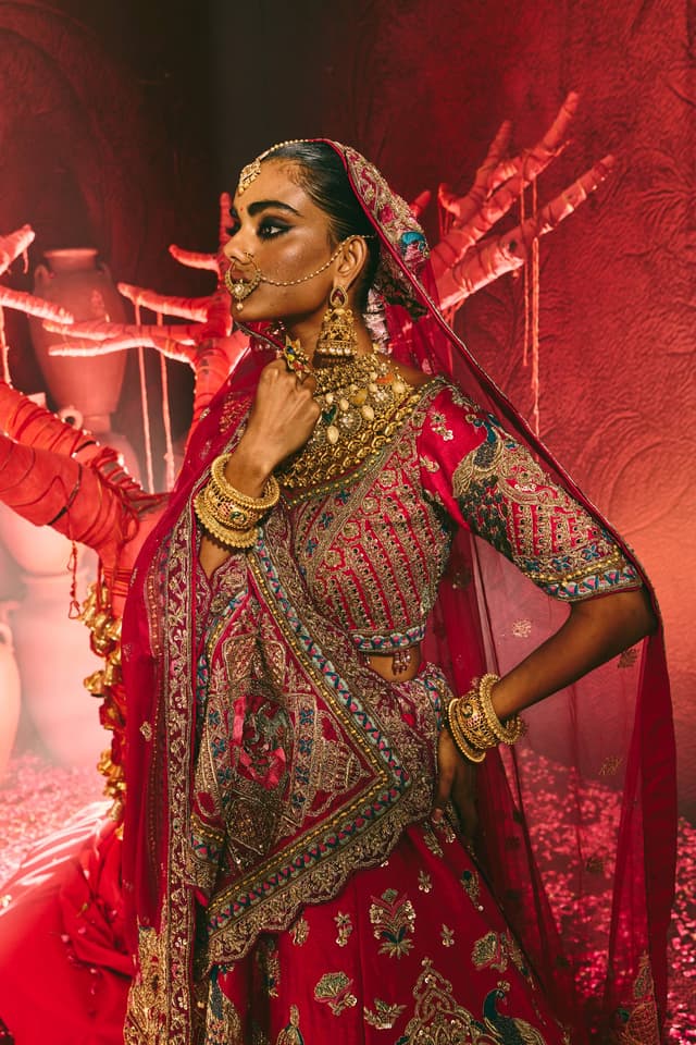 Red Lehenga with Rani Pink Dupatta